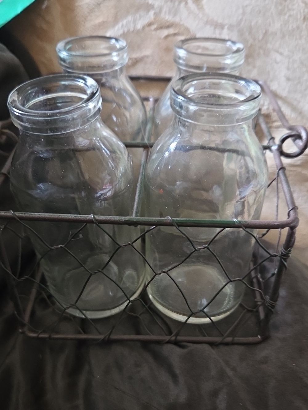 Clear Glass Bottle Set with Rustic Metal Carrier